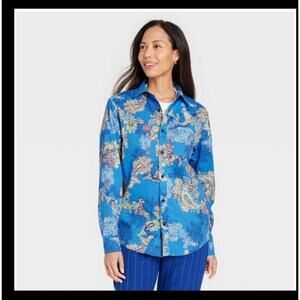 Houston White Adult Long Sleeve Woven Button-Down Shirt - Blue Floral Size L